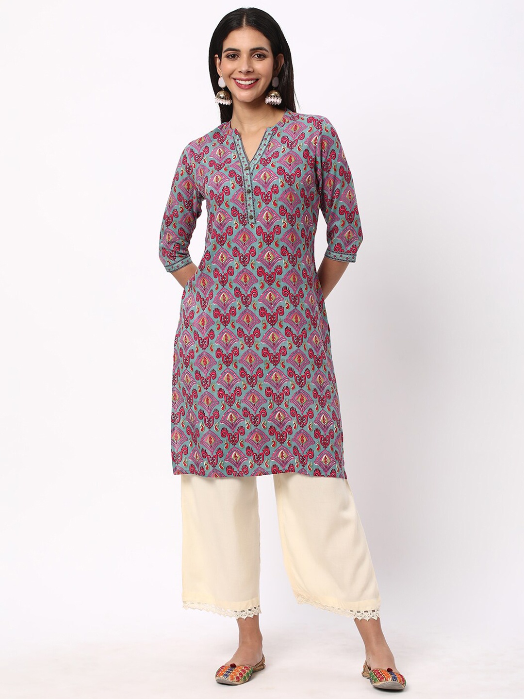 

R&B Ethnic Motifs Printed Band Collar Kurta, Green