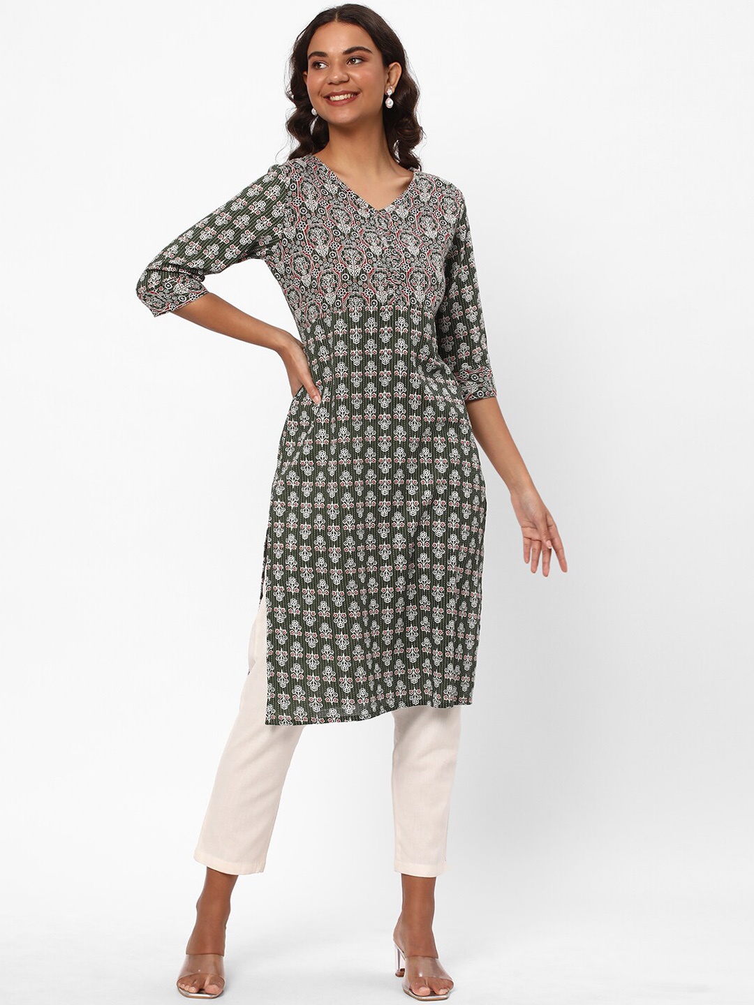 

R&B Ethnic Motifs Printed Cotton Straight Kurta, Green