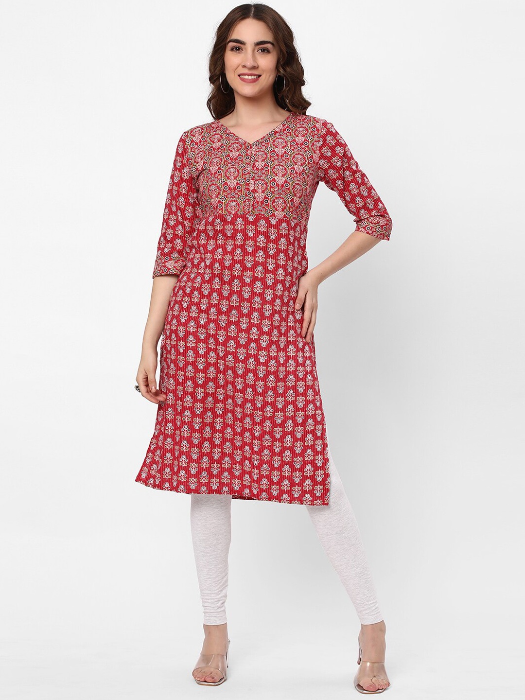 

R&B Ethnic Motifs Printed V-Neck Cotton Kurta, Maroon