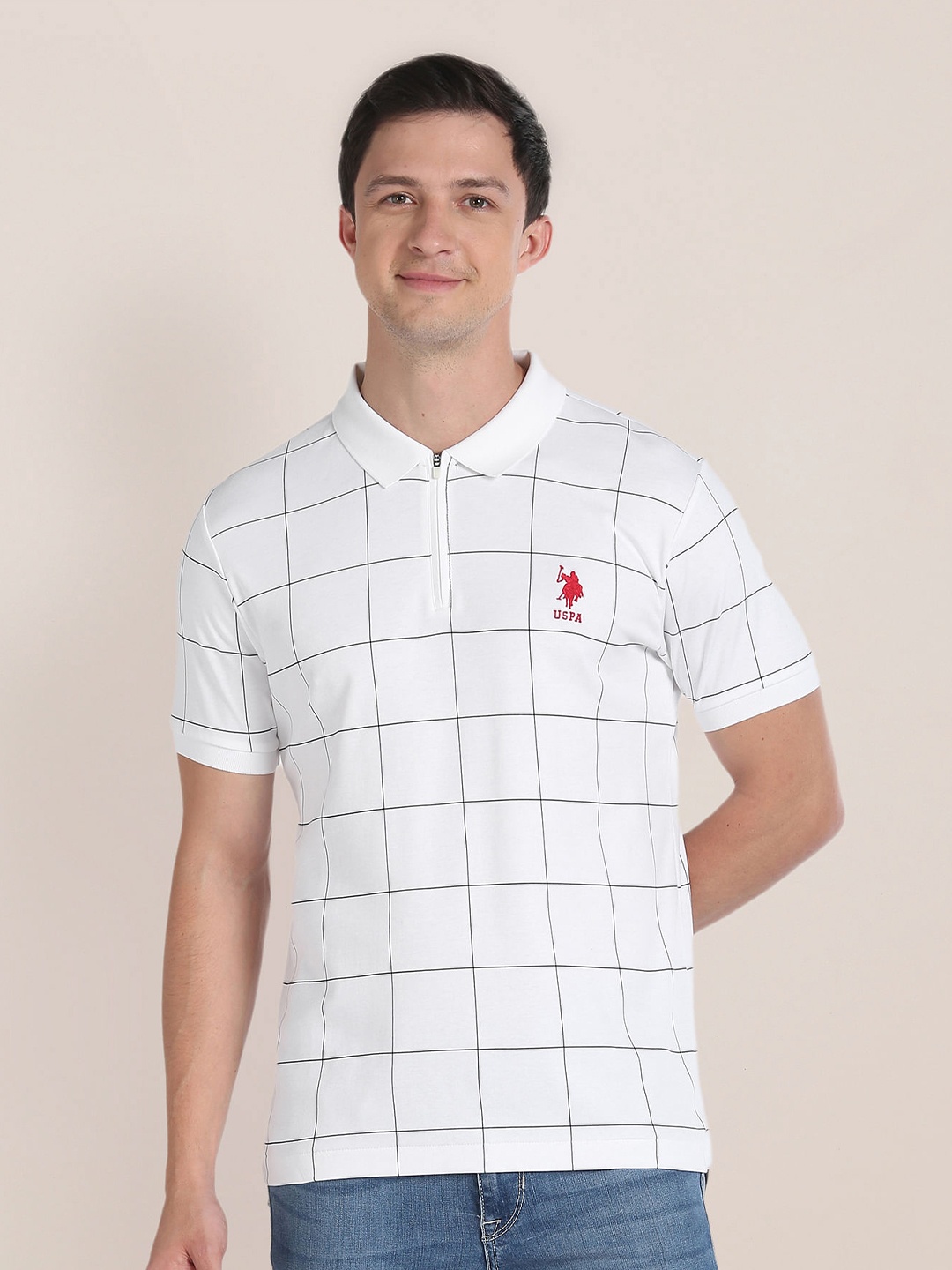 

U.S. Polo Assn. Checked Polo Collar Short Sleeves Slim Fit T-shirt, White