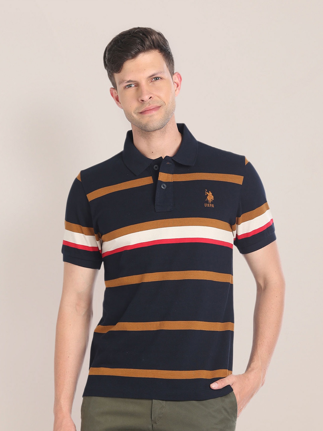 

U.S. Polo Assn. Striped Polo Collar Short Sleeves Regular T-shirt, Blue