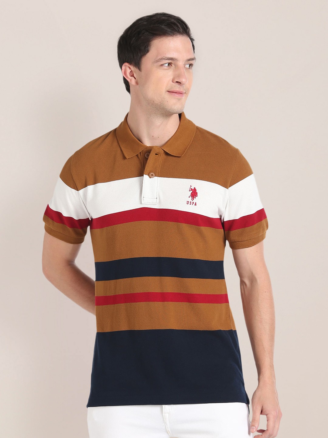 

U.S. Polo Assn. Striped Polo Collar Short Sleeves Slim Fit T-shirt, Brown