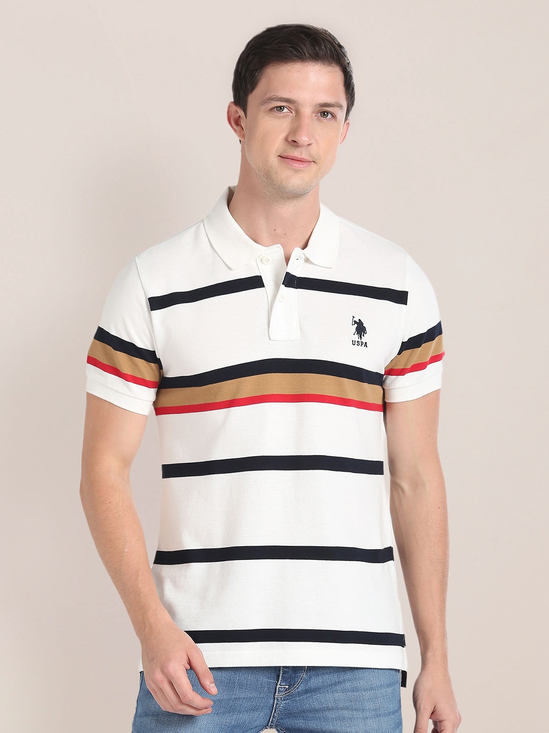 

U.S. Polo Assn. Striped Polo Collar Short Sleeves Slim Fit T-shirt, White