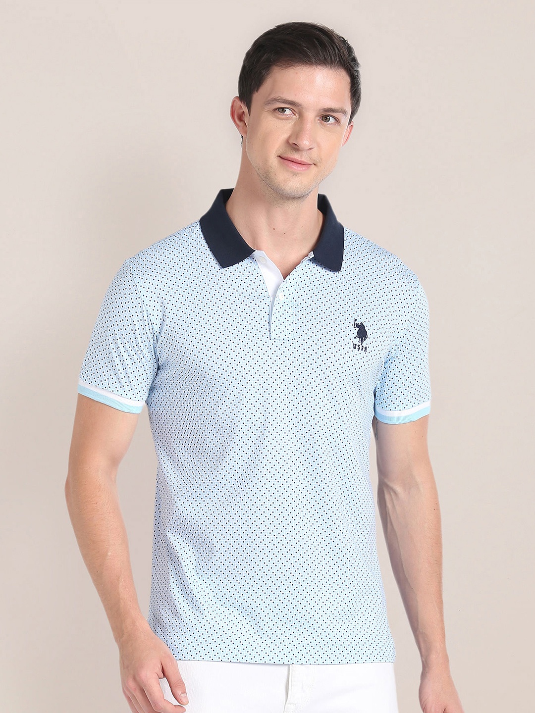 

U.S. Polo Assn. Geometric Printed Polo Collar Short Sleeves Slim Fit T-shirt, Blue