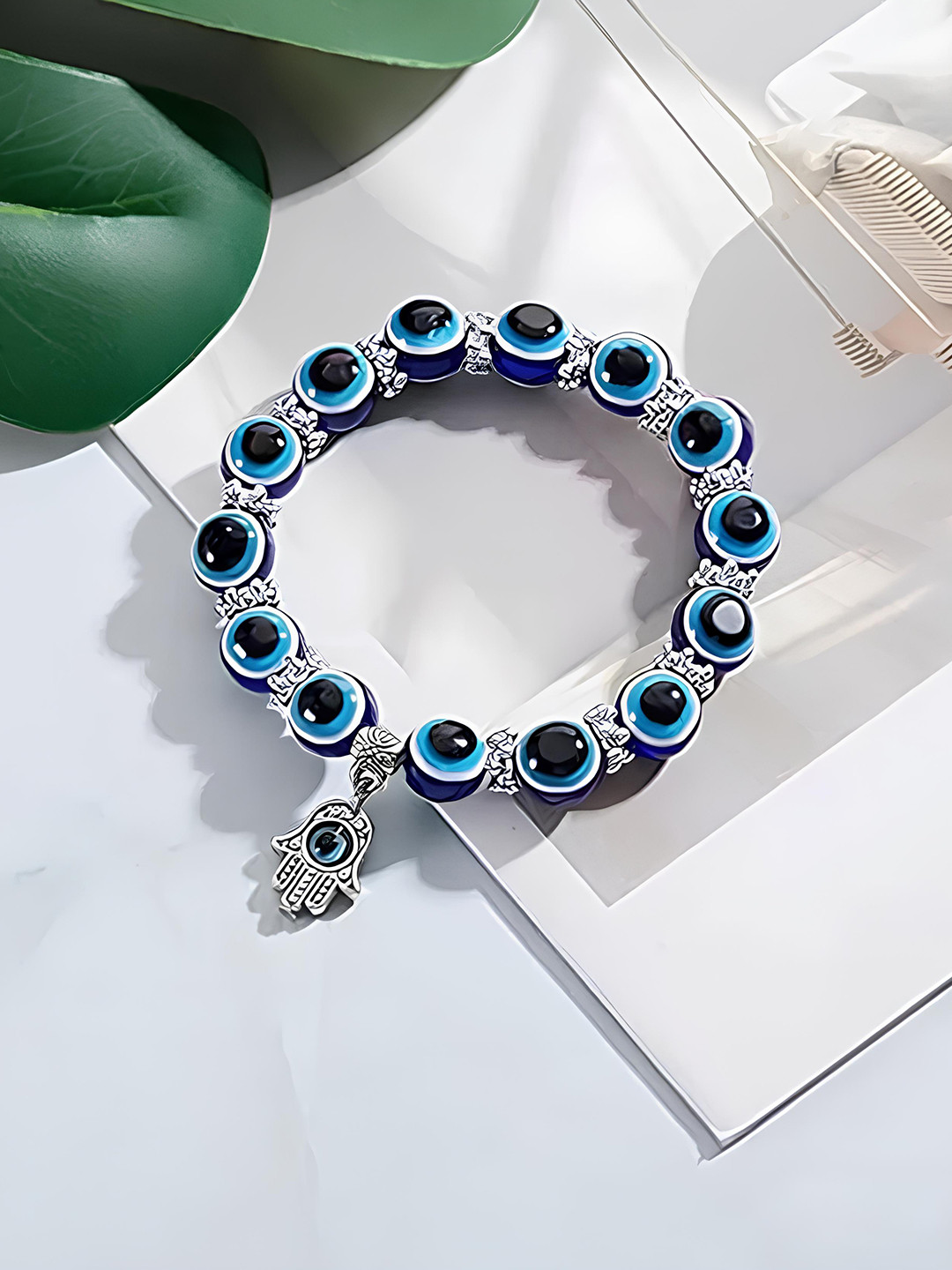 

KARISHMA KREATIONS Evil Eye Charms Beads Beaded Elasticated Bracelet, Silver