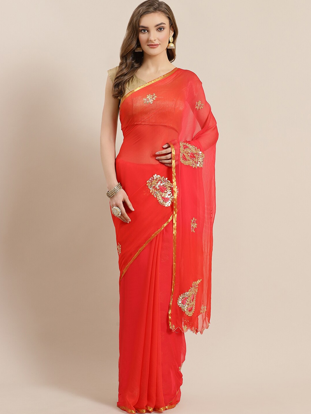 

Geroo Jaipur Embellished Embroidered Poly Chiffon Saree, Red