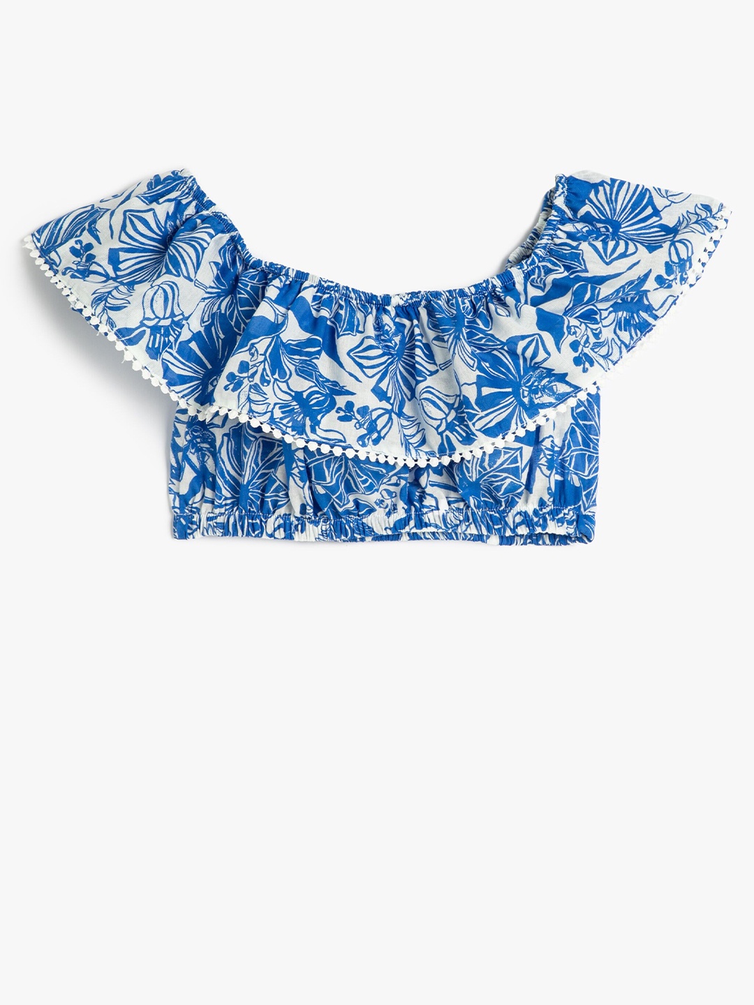 

Koton Girls Floral Printed Off-Shoulder Flutter Sleeve Bardot Crop Top, White