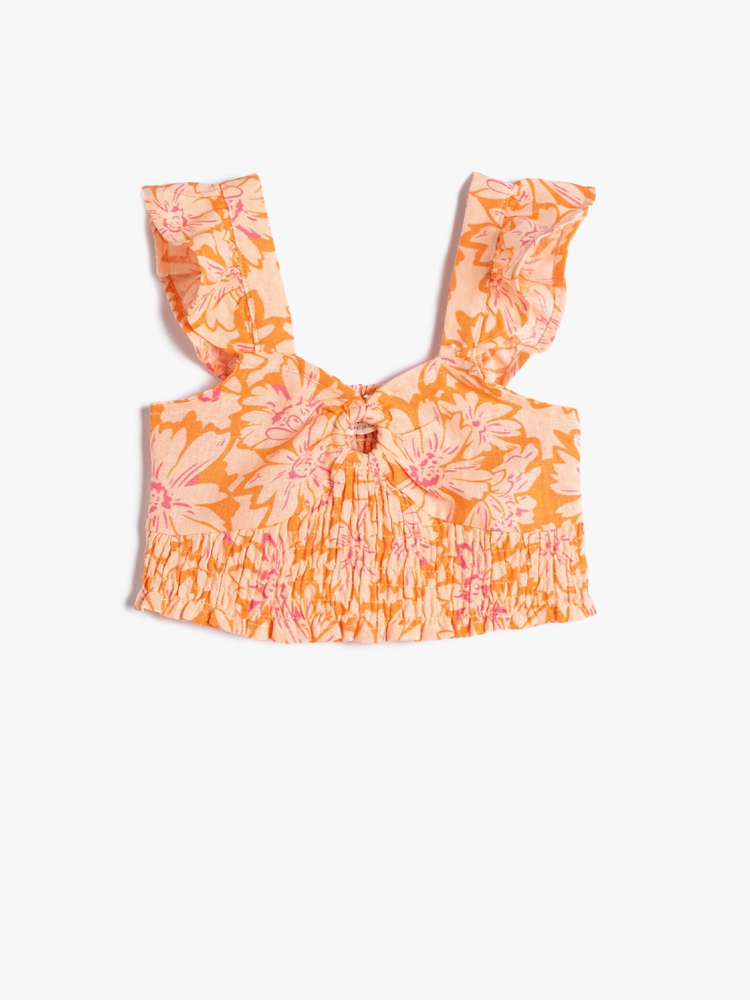 

Koton Girls Floral Printed Cap Sleeves Crop Smocked Top, Orange