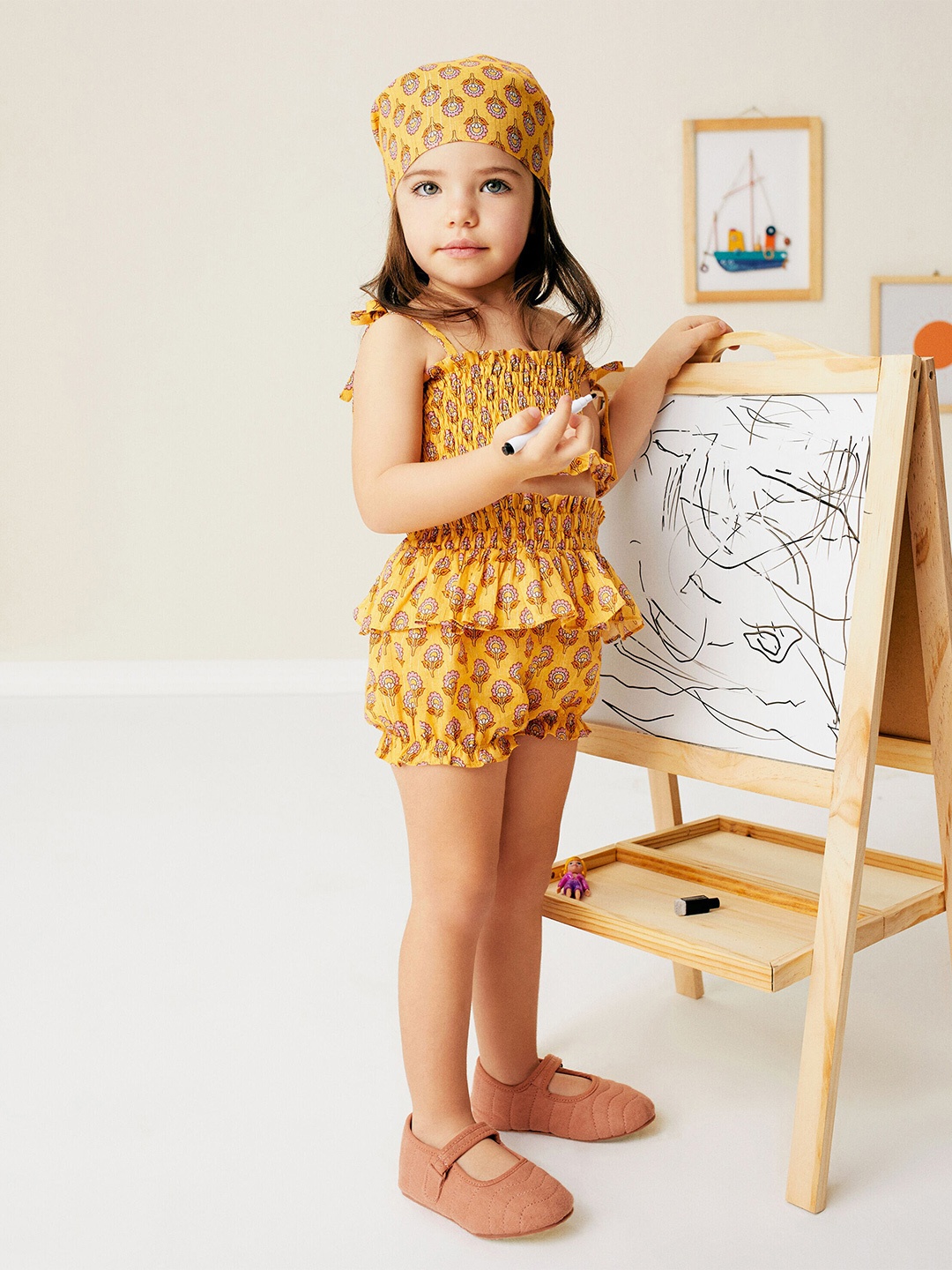 

Koton Girls Ethnic Motifs Printed Smocked Detailed Crop Top, Mustard