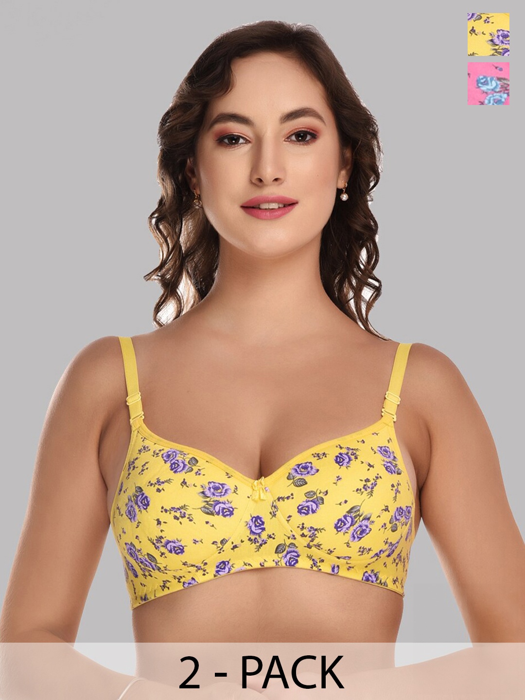 

ESOROUCHA Pack Of 2 Floral Printed Everyday Bra Full Coverage Lightly Padded, Pink