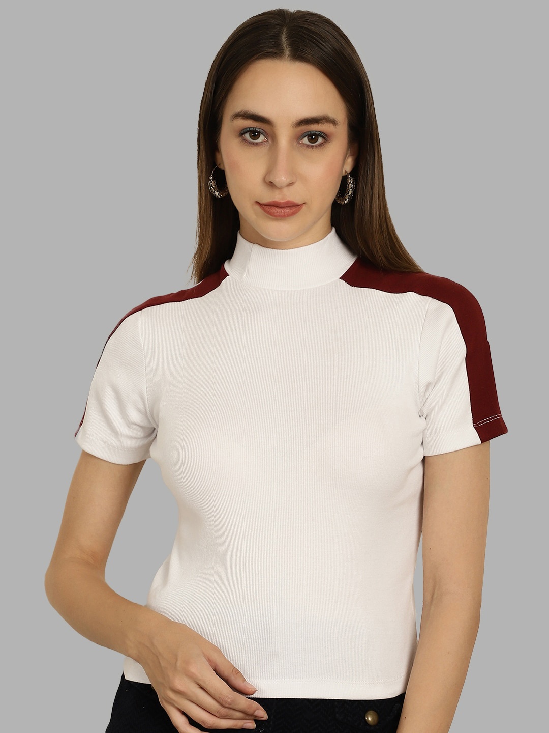 

Friskers White Colourblocked High Neck Pure Cotton Fitted Top