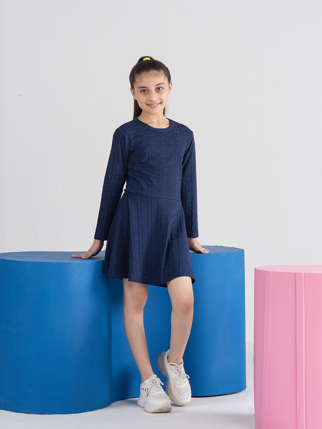 

SPUNKIES Girls Self Design Round Neck Long Sleeves A-Line Dress, Navy blue