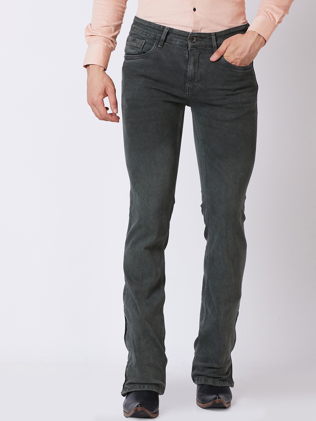 

mode de base Men Bootcut Low-Rise Light Fade Clean Look Stretchable Jeans, Green