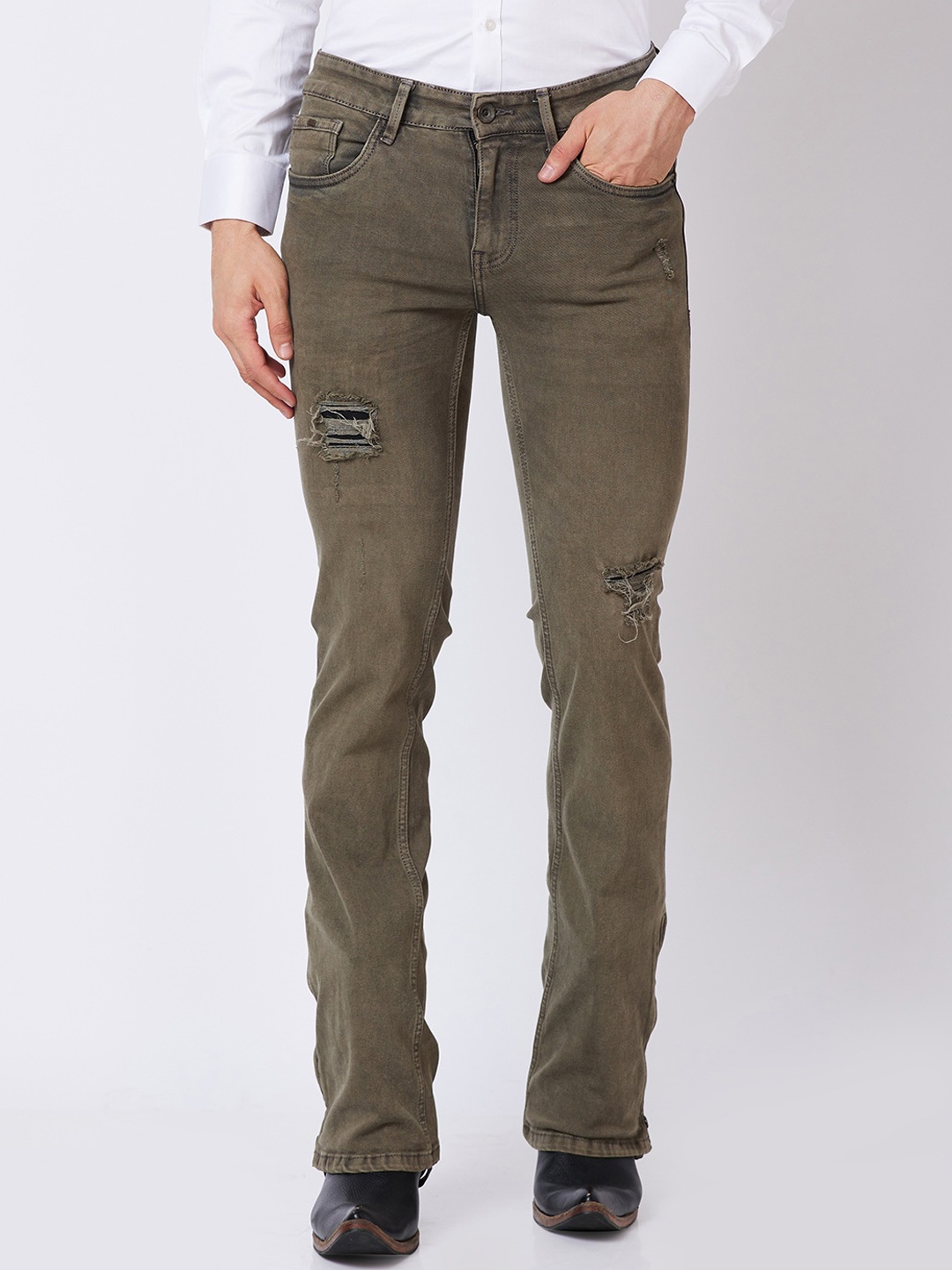 

mode de base Men Bootcut Low-Rise Mildly Distressed Heavy Fade Stretchable Jeans, Khaki