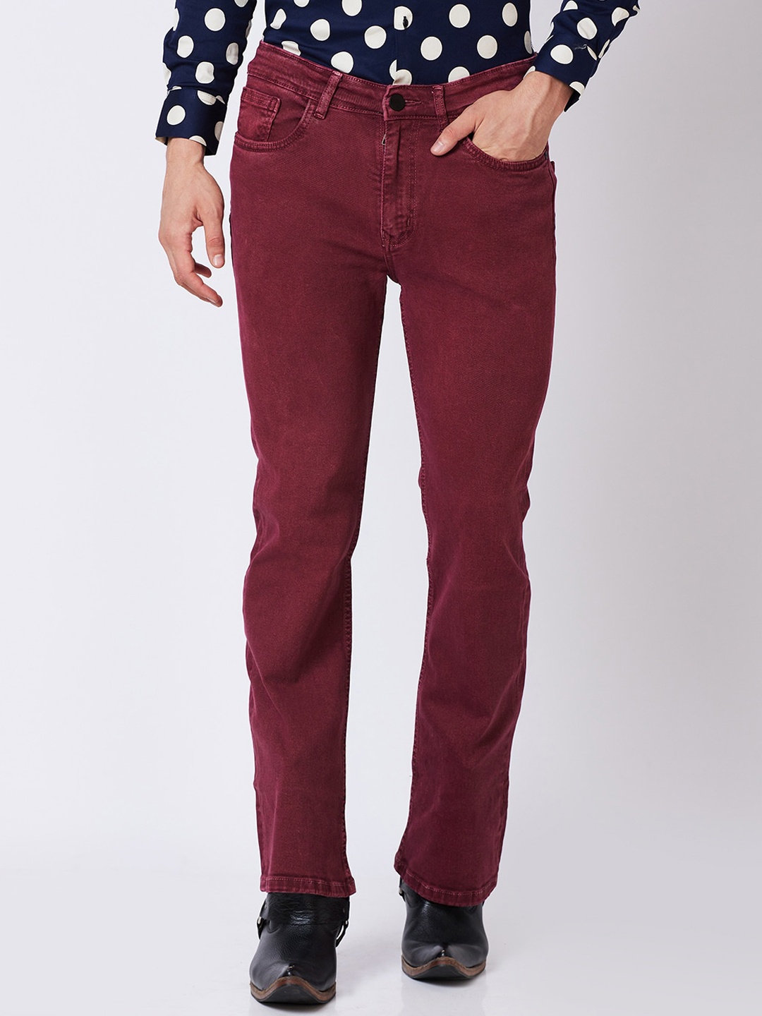 

mode de base Men Slim Fit Low-Rise Cotton Bootcut Stretchable Jeans, Maroon