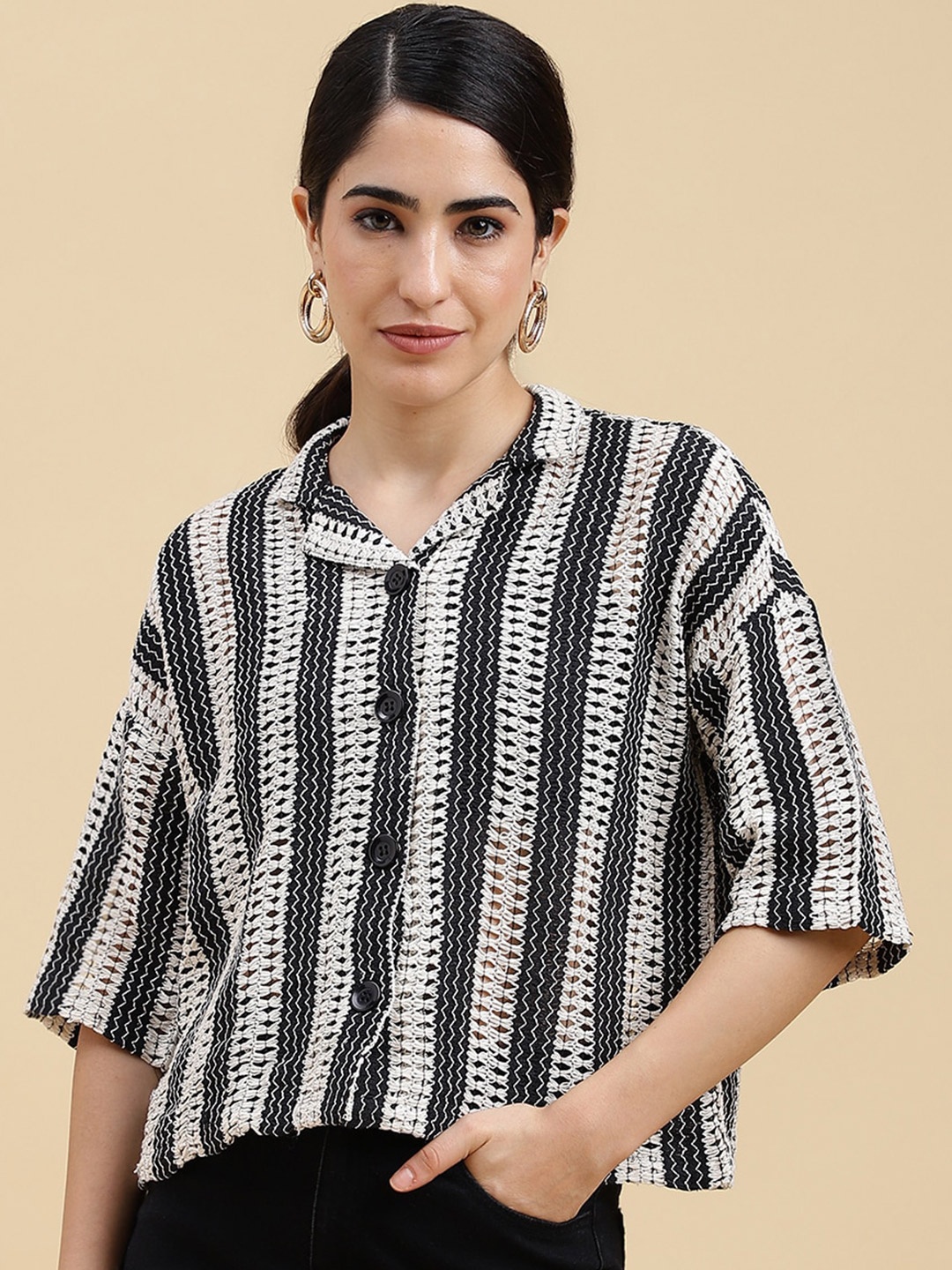 

J Turritopsis Classic Geometric Printed Cuban Collar Oversized Casual Shirt, White
