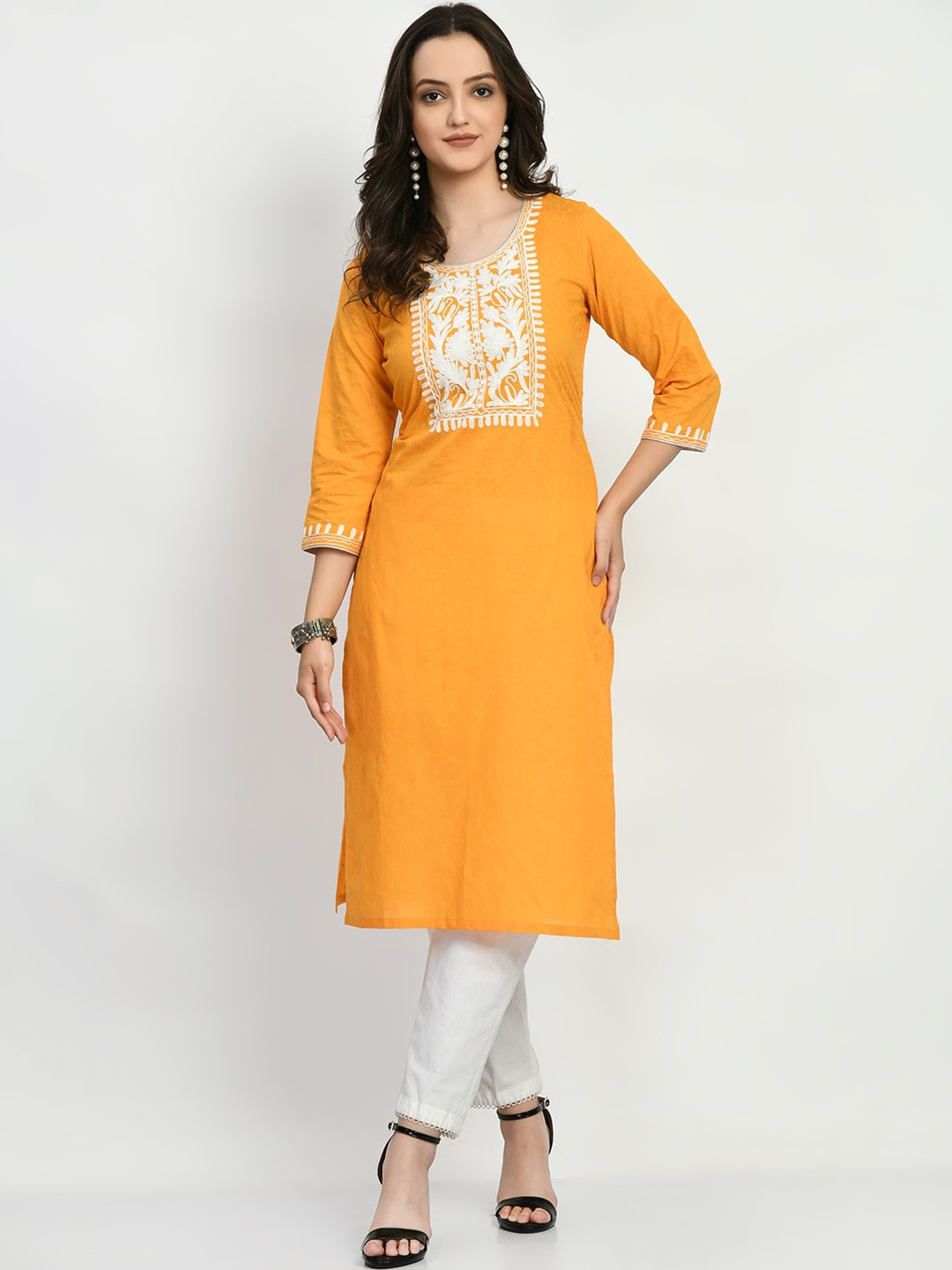 

Akshatani Floral Embroidered Round Neck Straight Thread Work Cotton Kurta, Mustard