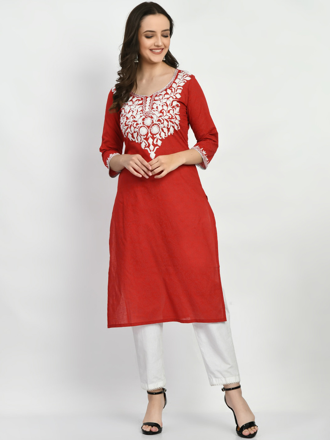 

Akshatani Floral Embroidered Round Neck Straight Thread Work Cotton Kurta, Red