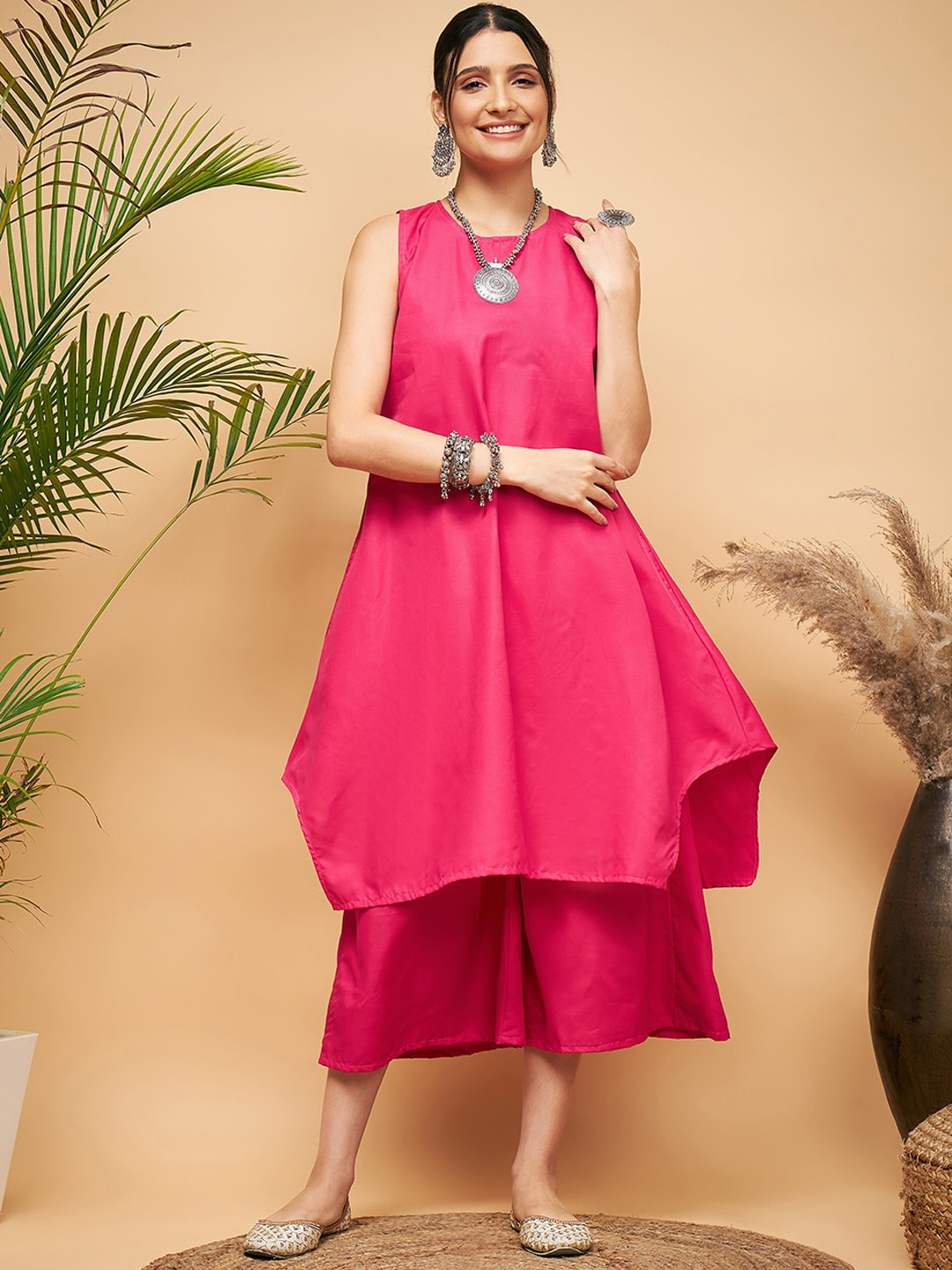 

InWeave Sleeveless A-line Asymmetric Cotton Kurta, Fuchsia