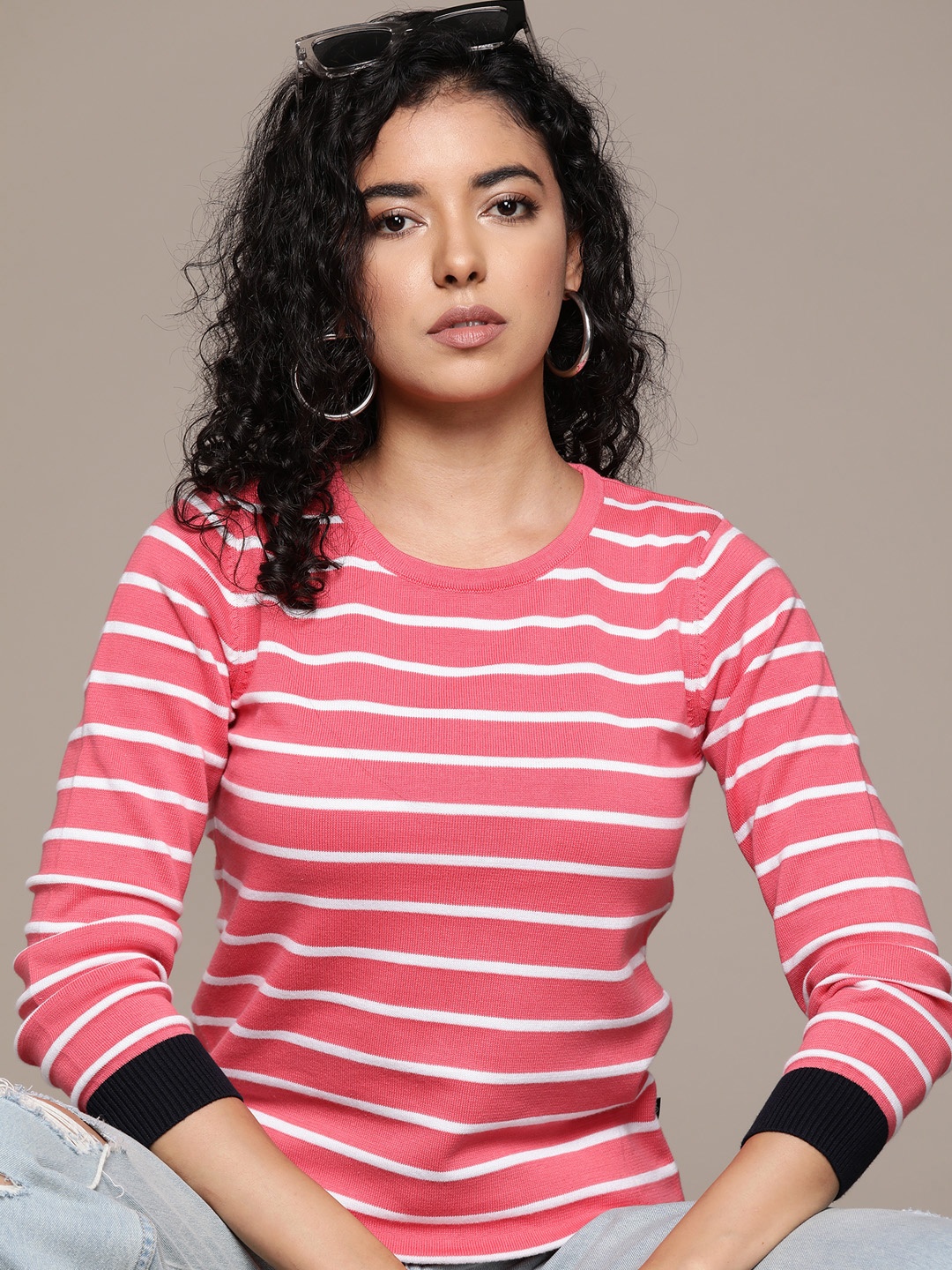 

Roadster Striped Pure Cotton Pullover, Pink