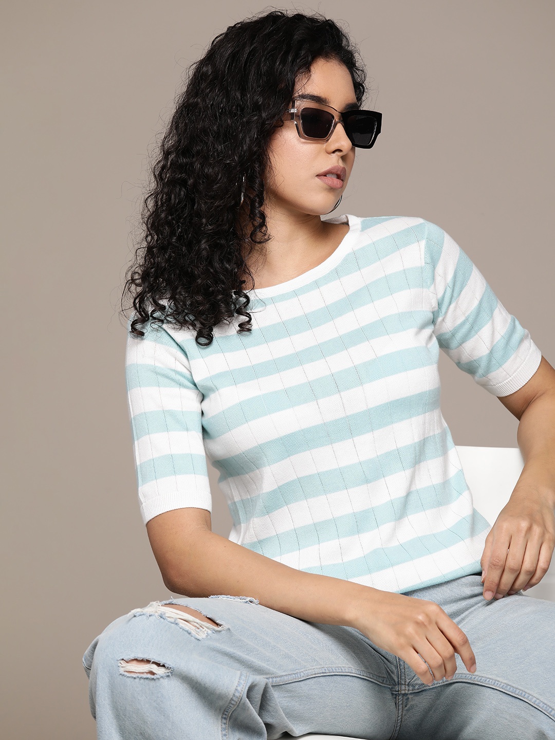 

Roadster Striped Pure Cotton Pullover, Blue