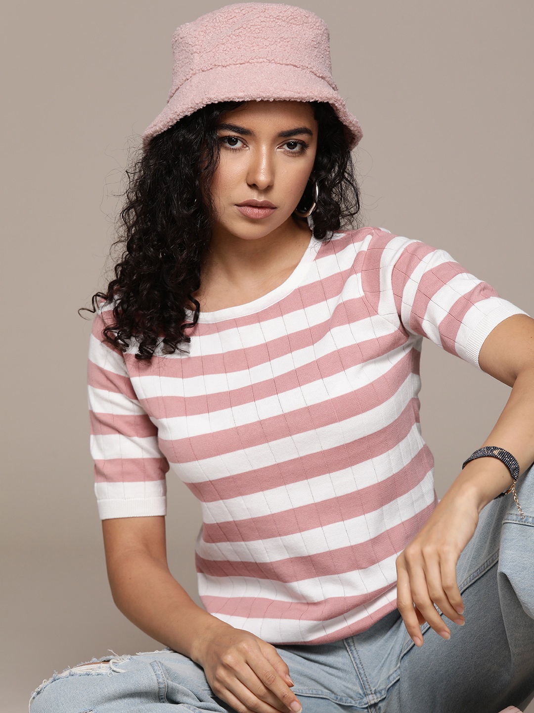 

Roadster Striped Pure Cotton Pullover, Pink