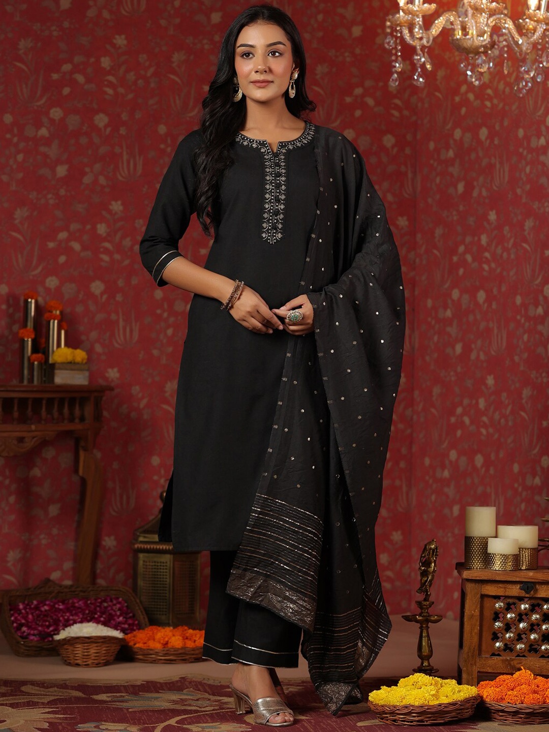 

Ishin Black Ethnic Motifs Embroidered Zari Pure Cotton Kurta with Trousers & Dupatta