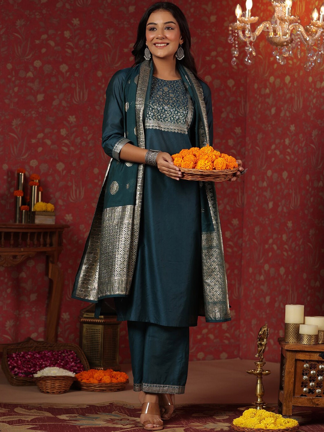 

Ishin Teal Ethnic Motifs Foil Printed Pure Silk Kurta with Palazzos & Dupatta