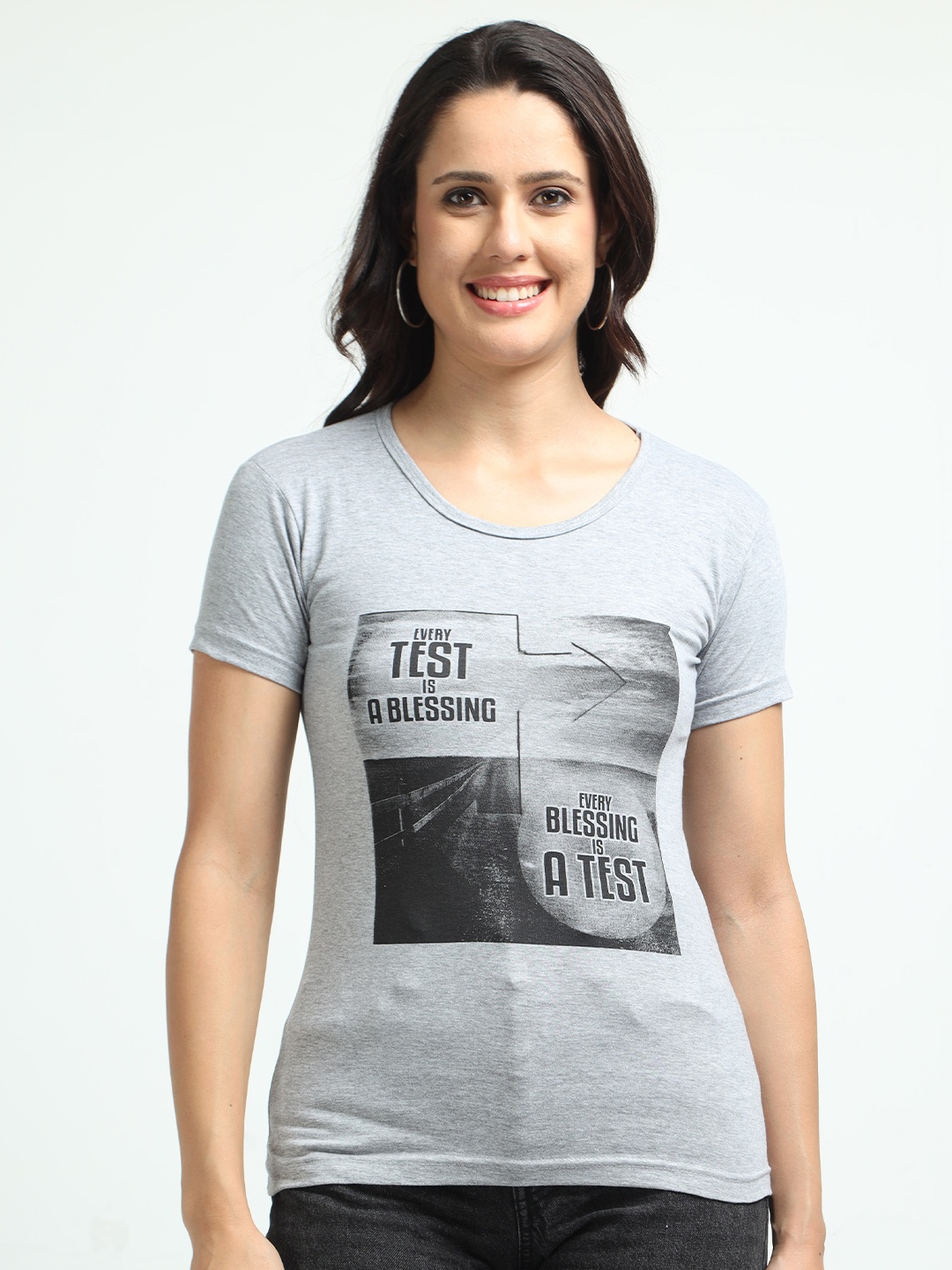 

Fleximaa Typography Printed Pure Cotton T-shirt, Grey melange