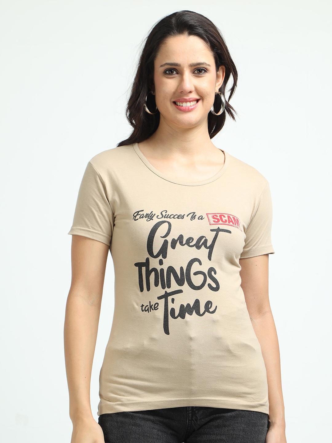 

Fleximaa Typography Printed Pure Cotton T-shirt, Beige