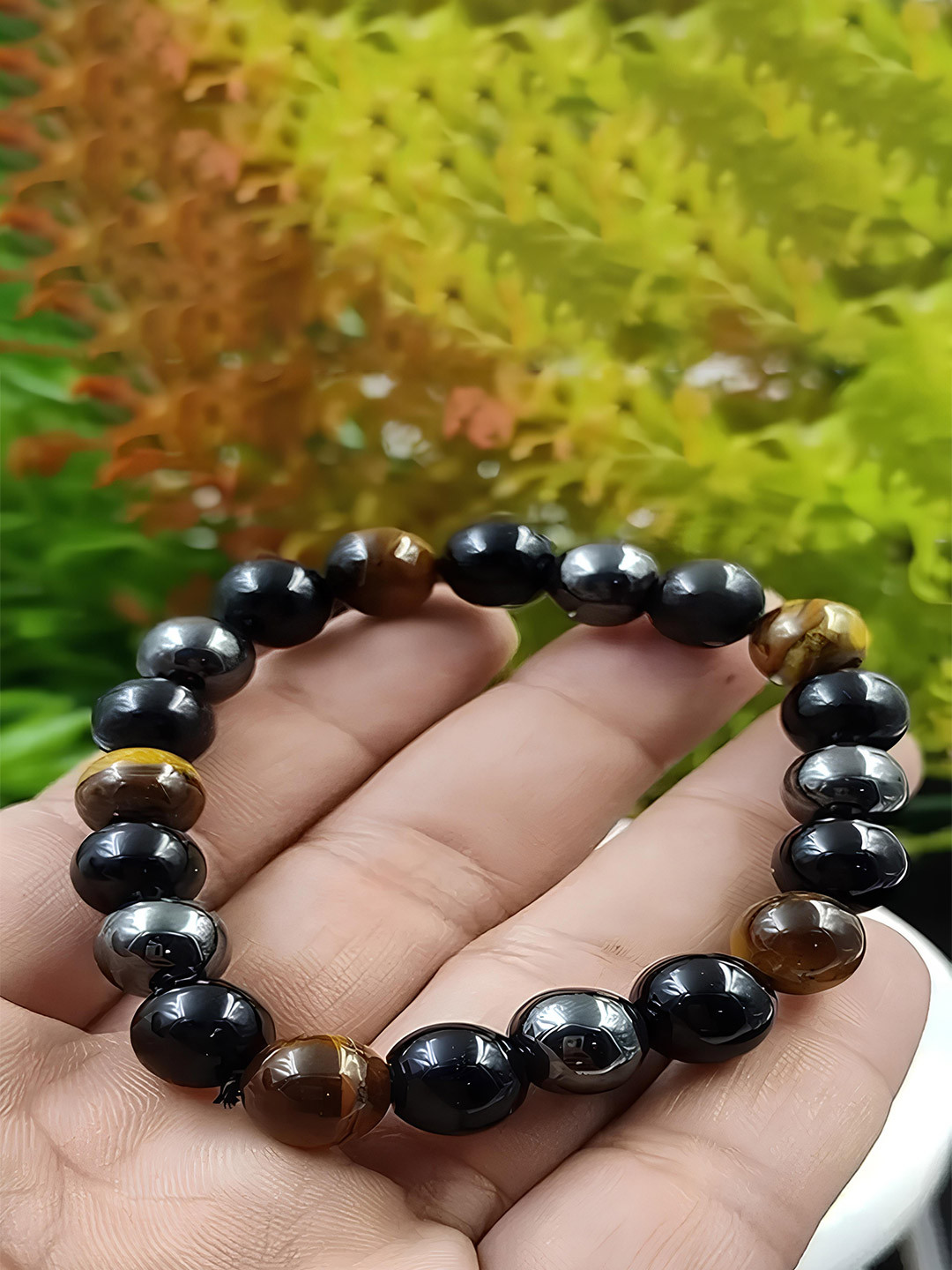 

KARISHMA KREATIONS Men Tiger Eye Obsidian Hematite Elasticated Bracelet, Brown