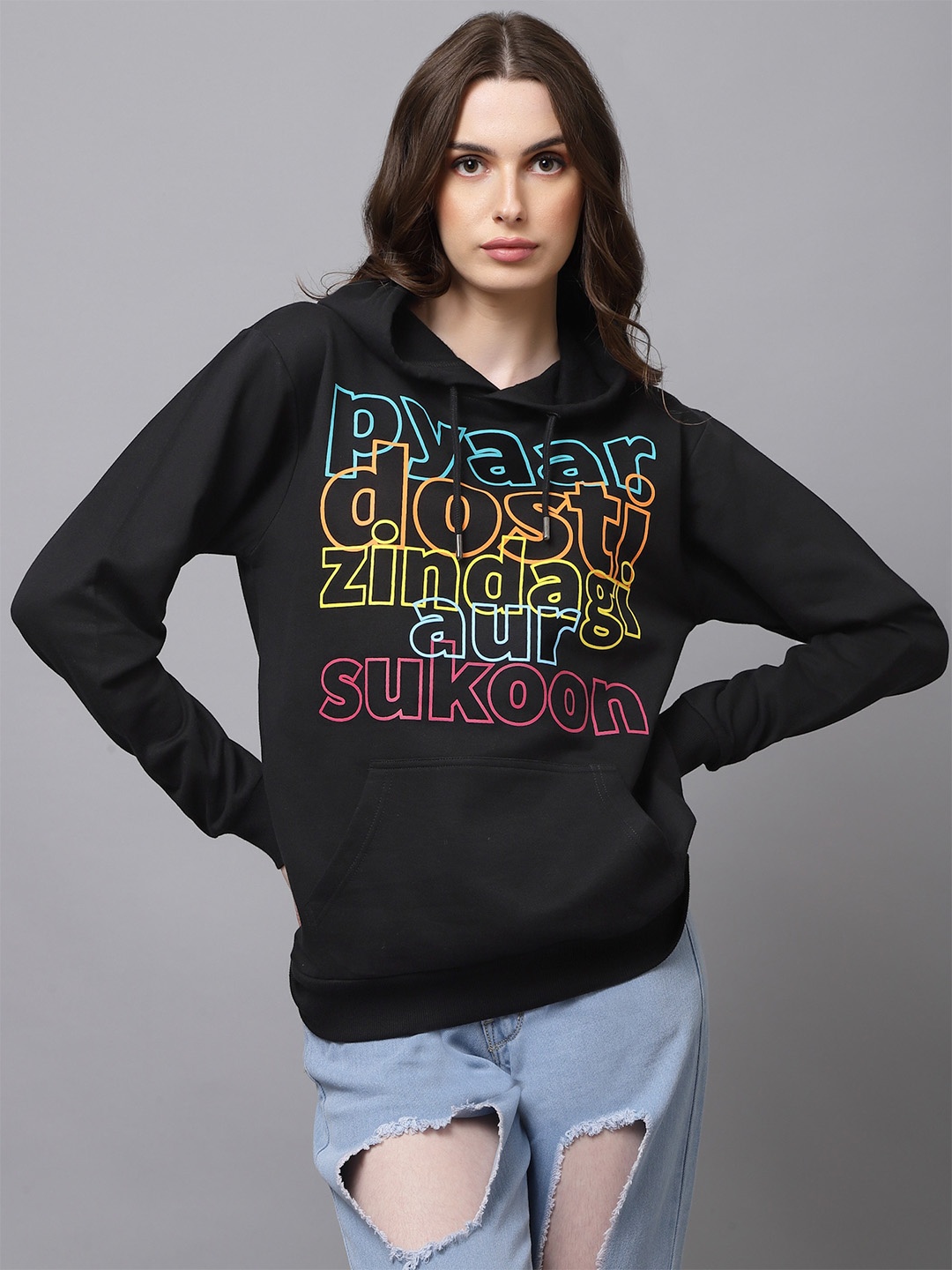 

Beetein Lamhein Typography Printed Hooded Oversized Cotton Sweatshirt, Black