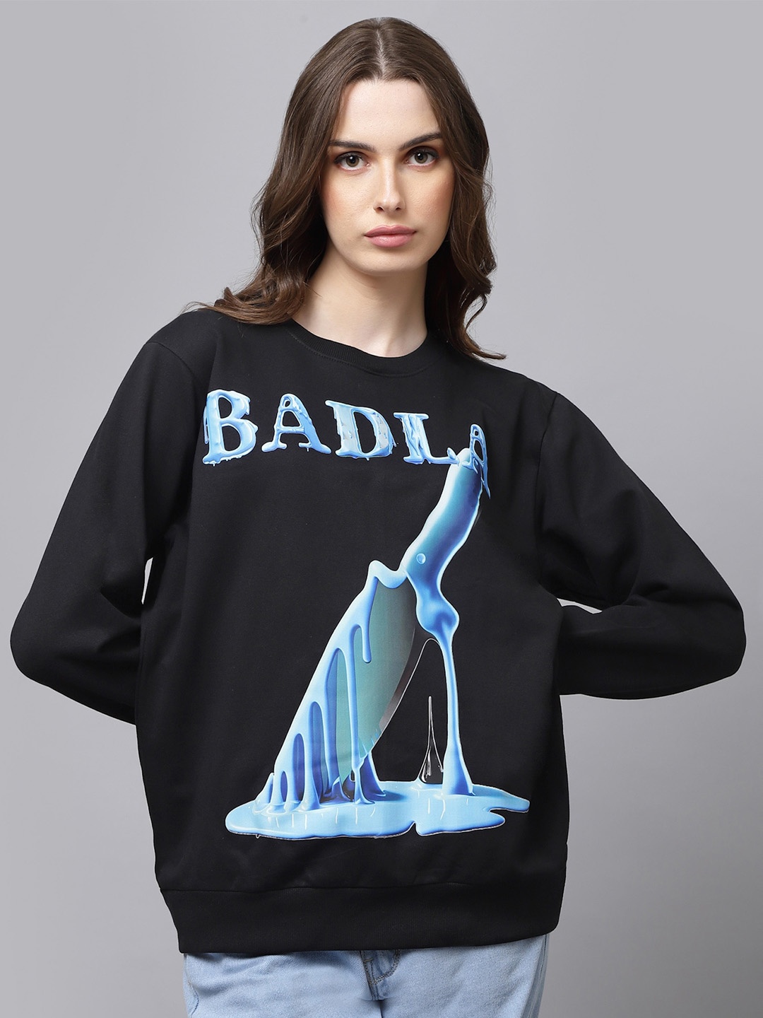 

Beetein Lamhein Badla Graphic Printed Cotton Oversized Pullover Sweatshirt, Black