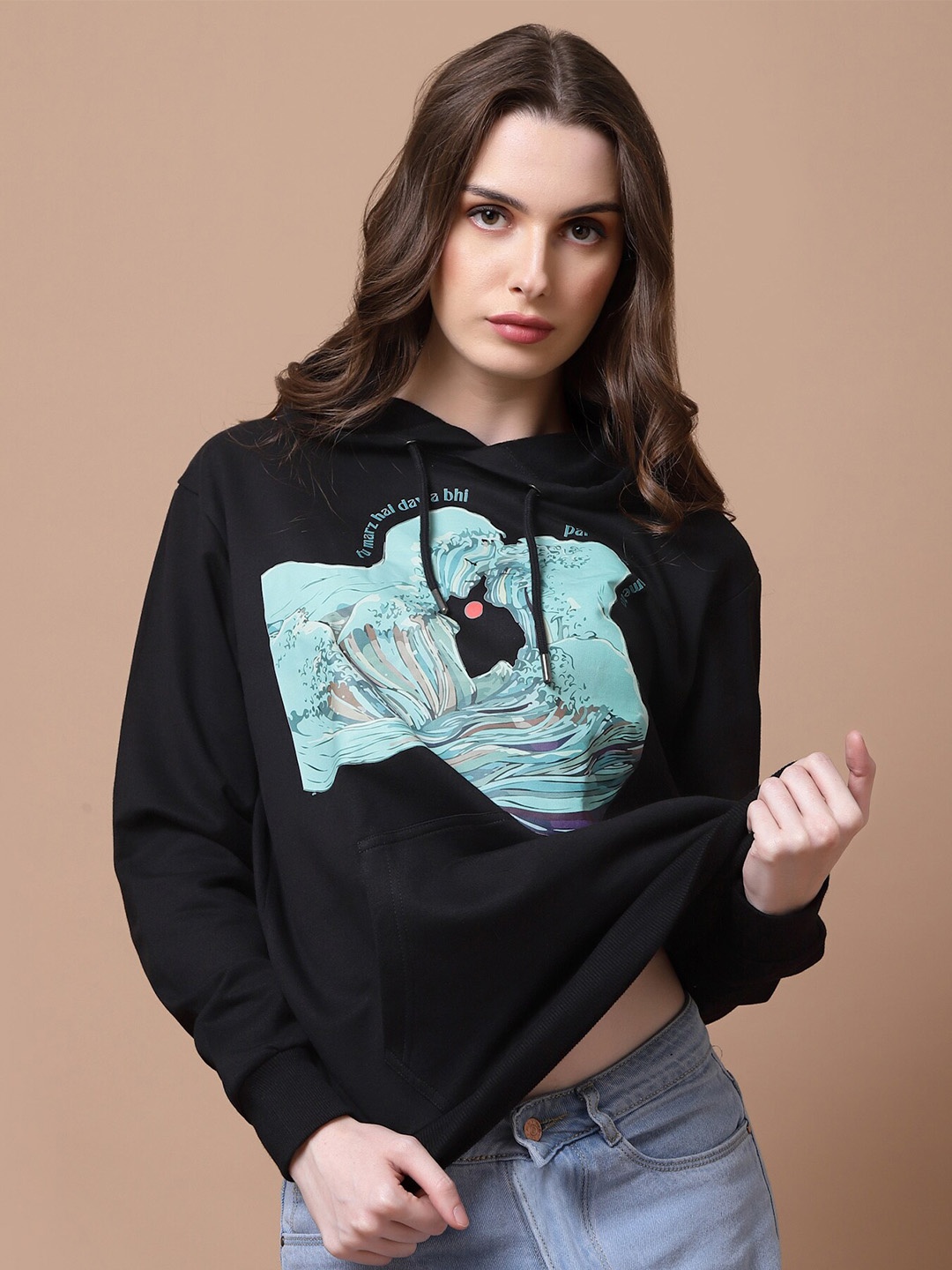 

Beetein Lamhein Graphic Printed Hooded Cotton Oversized Sweatshirt, Black