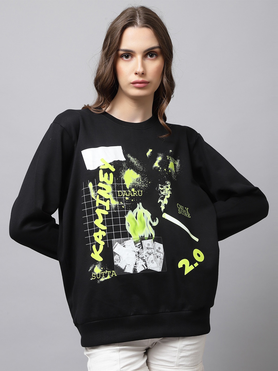 

Beetein Lamhein Graphic Printed Oversized Cotton Sweatshirt, Black