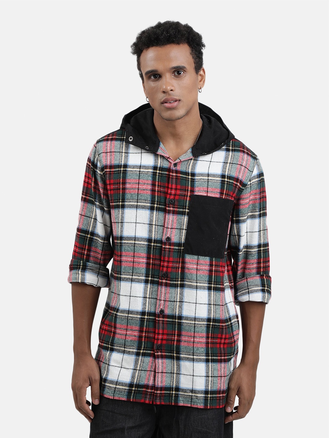 

Bene Kleed Men Flannel Checked Hooded Casual Shirt, Black