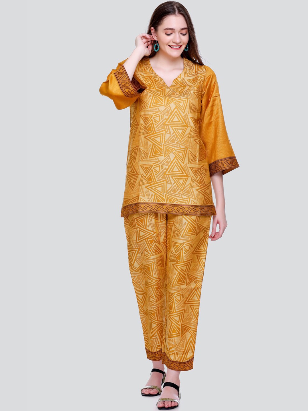 

HOUSE OF KIRNA'S WITH LOGO OF HOK Abstract Printed Acrylic Tunic & Trouser, Mustard