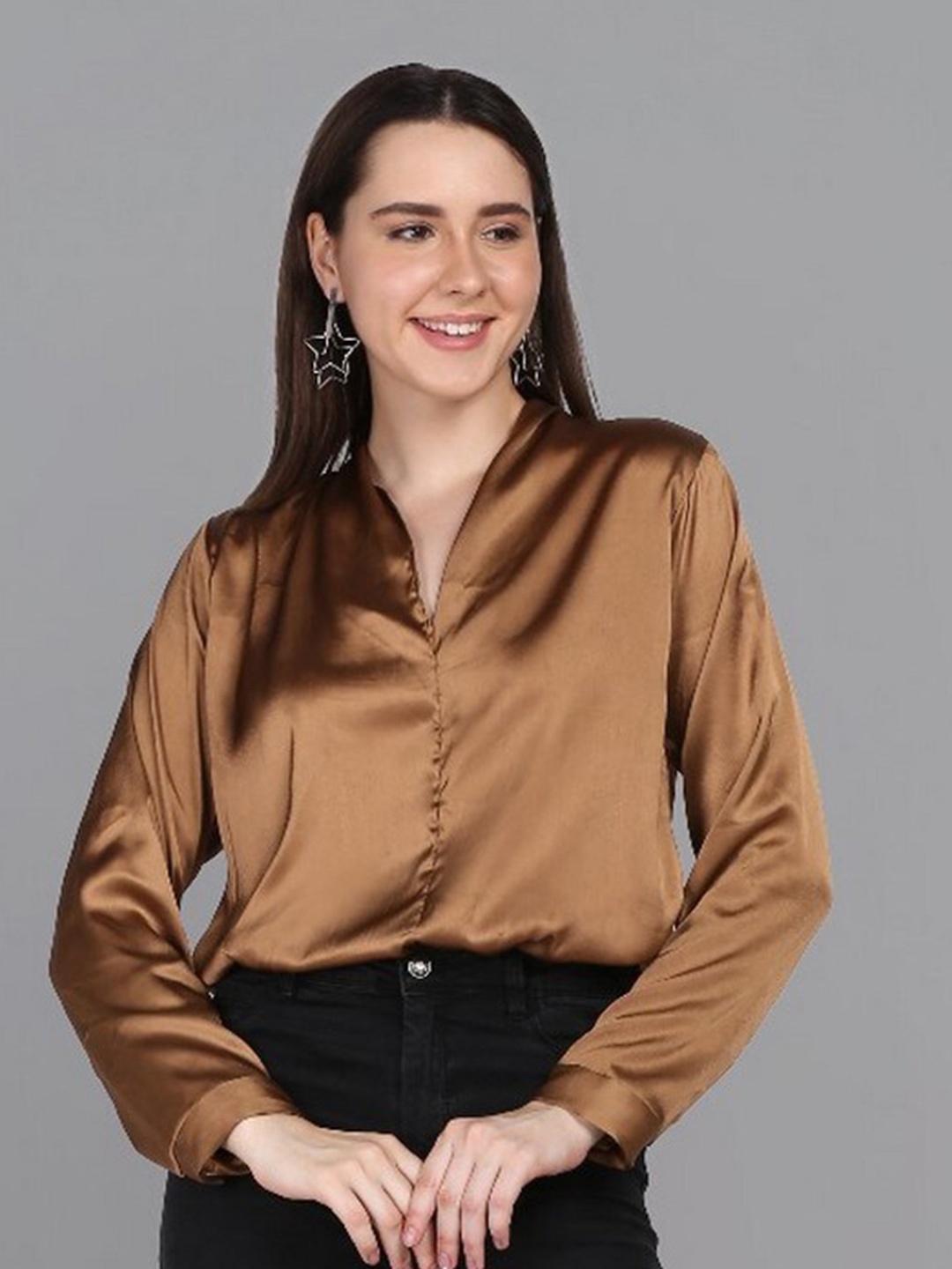 

RIVI V-Neck Cuffed Sleeves Satin Regular Top, Brown