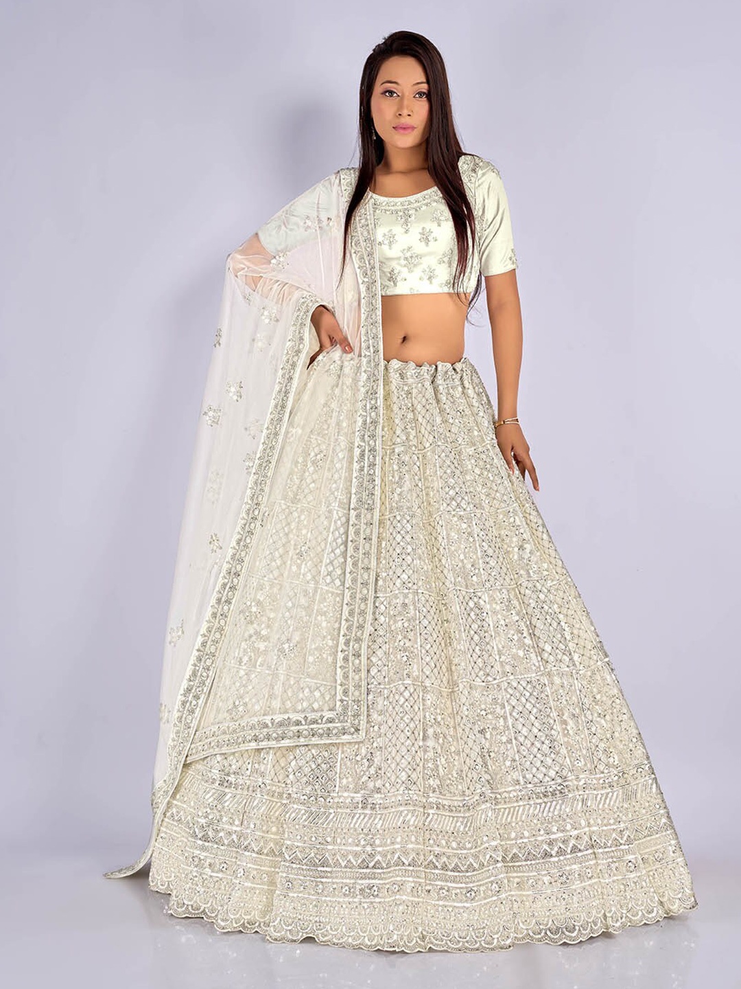 

HALFSAREE STUDIO Embroidered Semi-Stitched Net Lehenga Choli With Dupatta, White