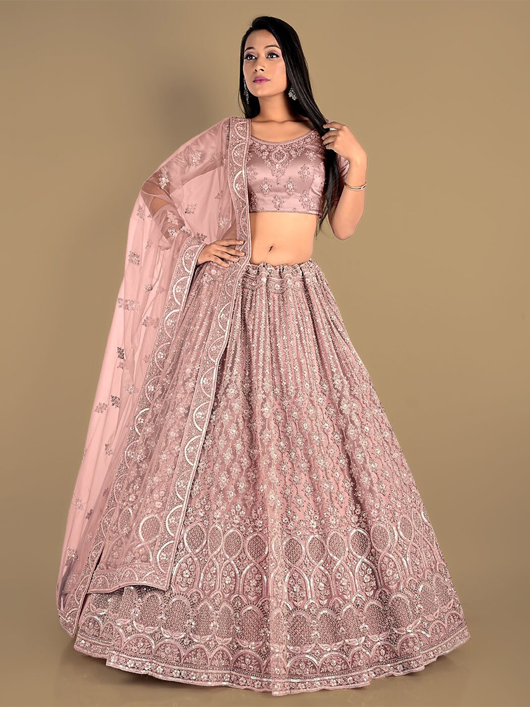 

HALFSAREE STUDIO Embroidered Semi-Stitched Net Lehenga Choli With Dupatta, Purple
