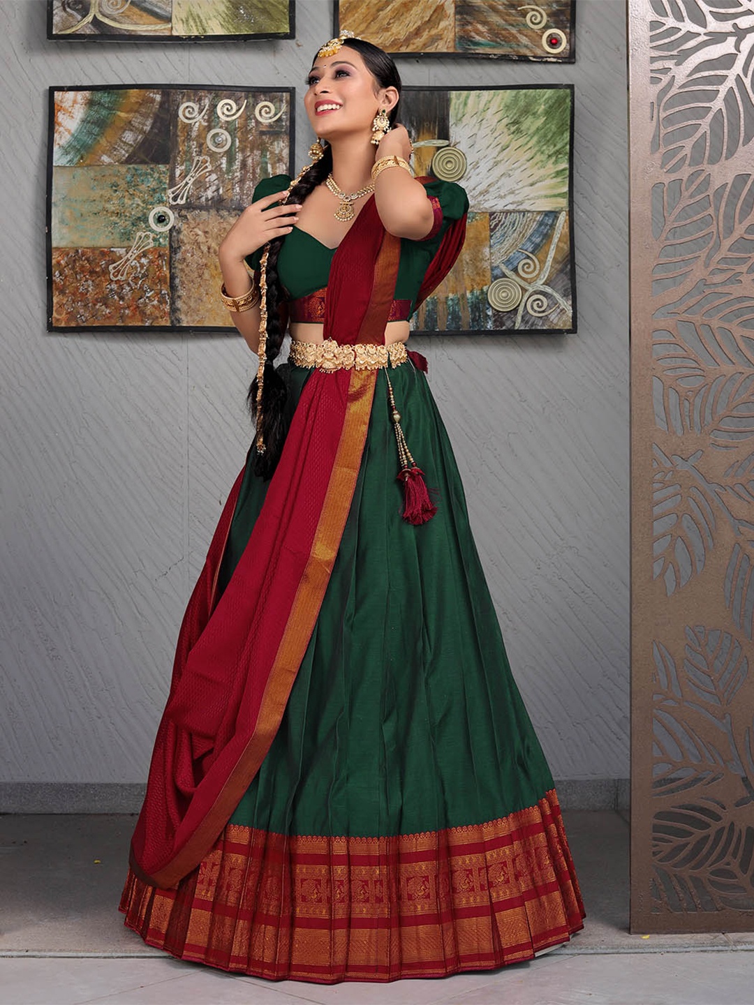 

HALFSAREE STUDIO Woven Design Semi-Stitched Lehenga & Unstitched Blouse With Dupatta, Green