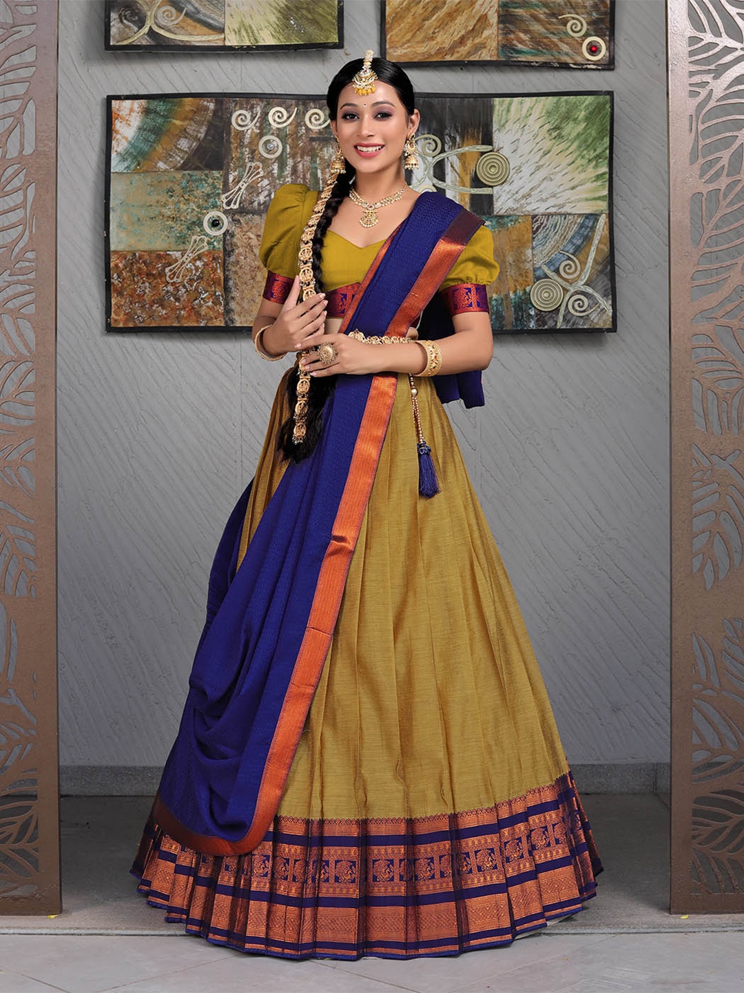 

HALFSAREE STUDIO Semi-Stitched Cotton Lehenga Choli With Dupatta, Mustard