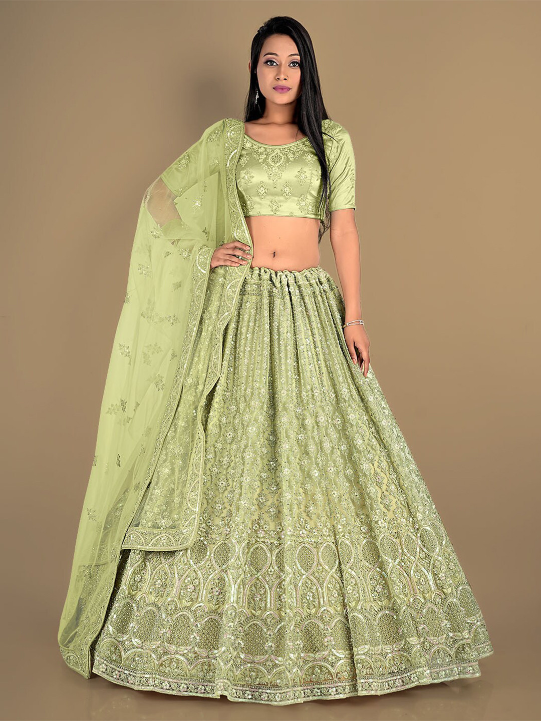 

HALFSAREE STUDIO Embroidered Semi-Stitched Lehenga & Unstitched Blouse With Dupatta, Green