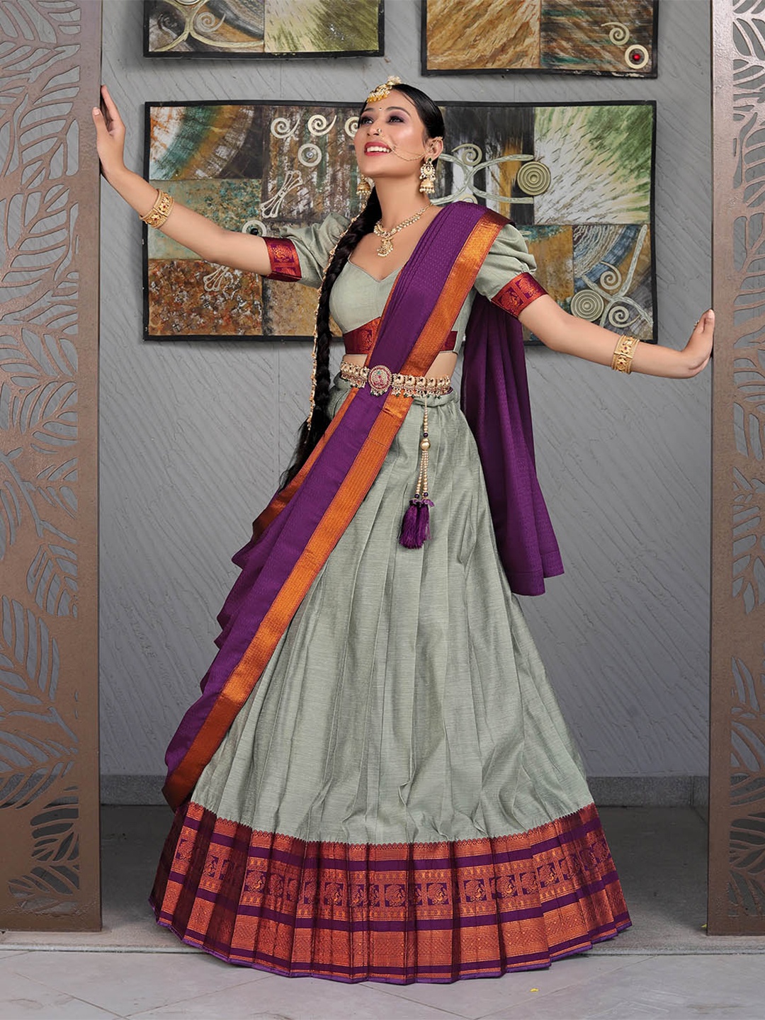

HALFSAREE STUDIO Semi-Stitched Cotton Lehenga Choli With Dupatta, Grey