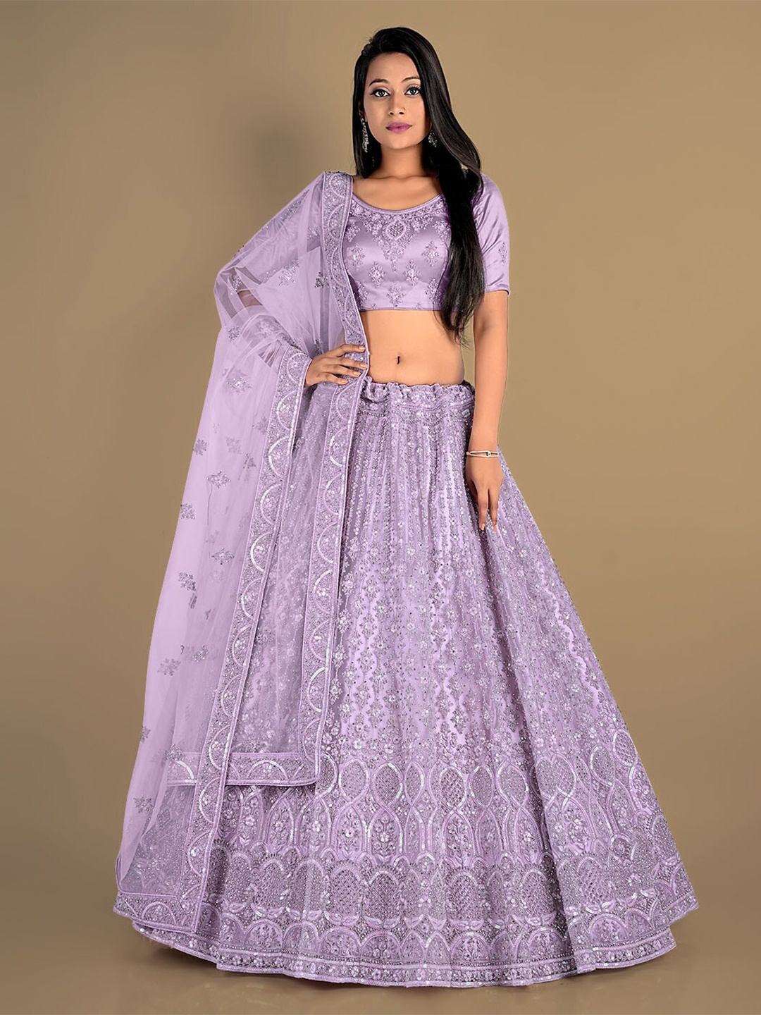 

HALFSAREE STUDIO Embroidered Semi-Stitched Net Lehenga Choli With Dupatta, Lavender