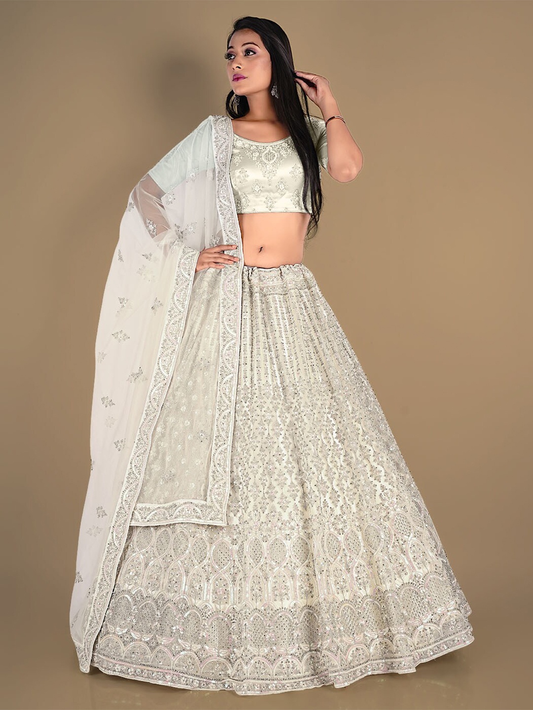 

HALFSAREE STUDIO Embroidered Semi-Stitched Lehenga Choli With Dupatta, White