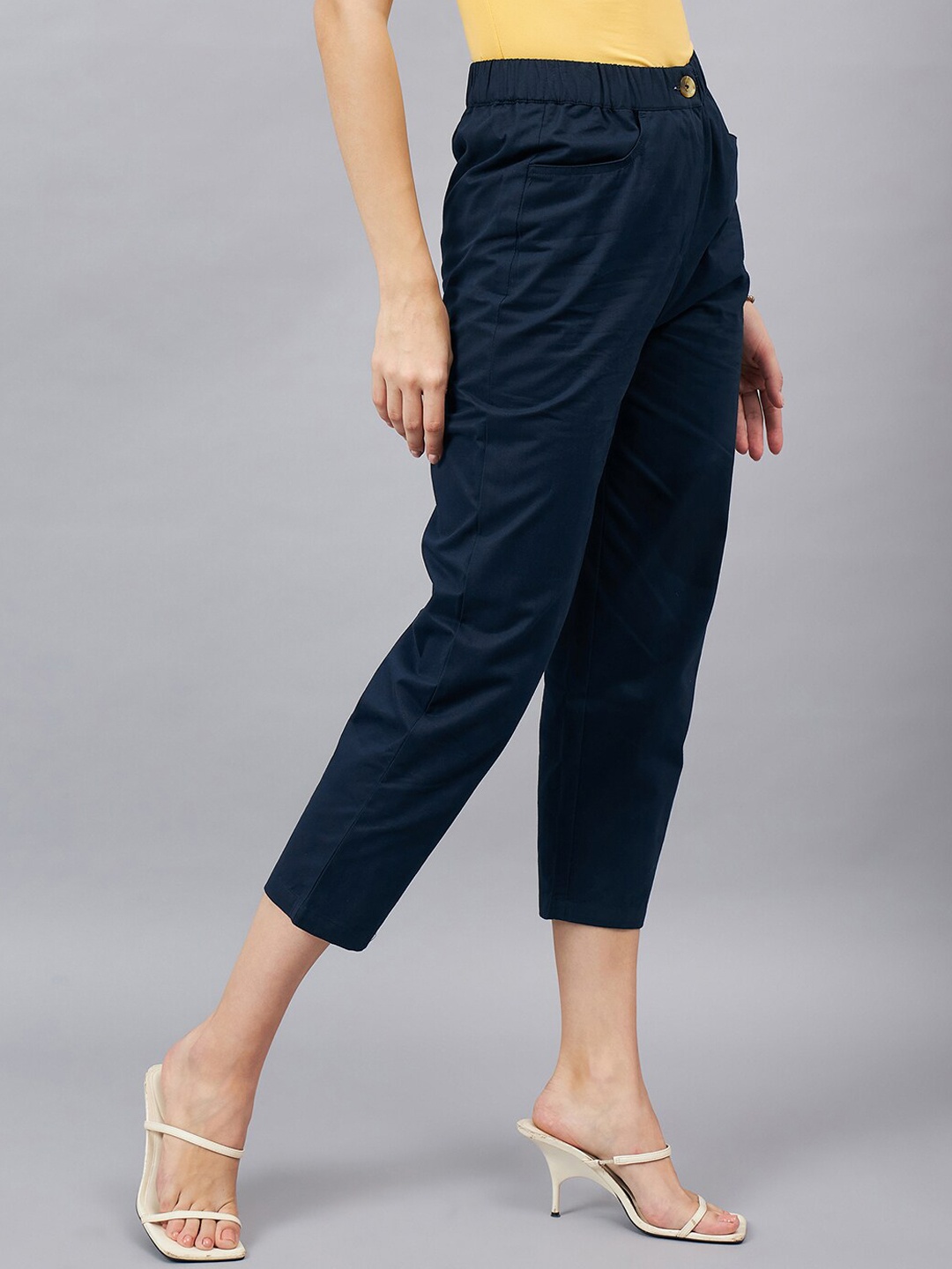 

Chemistry Women Tapered Fit High-Rise Cotton Regular Trousers, Navy blue