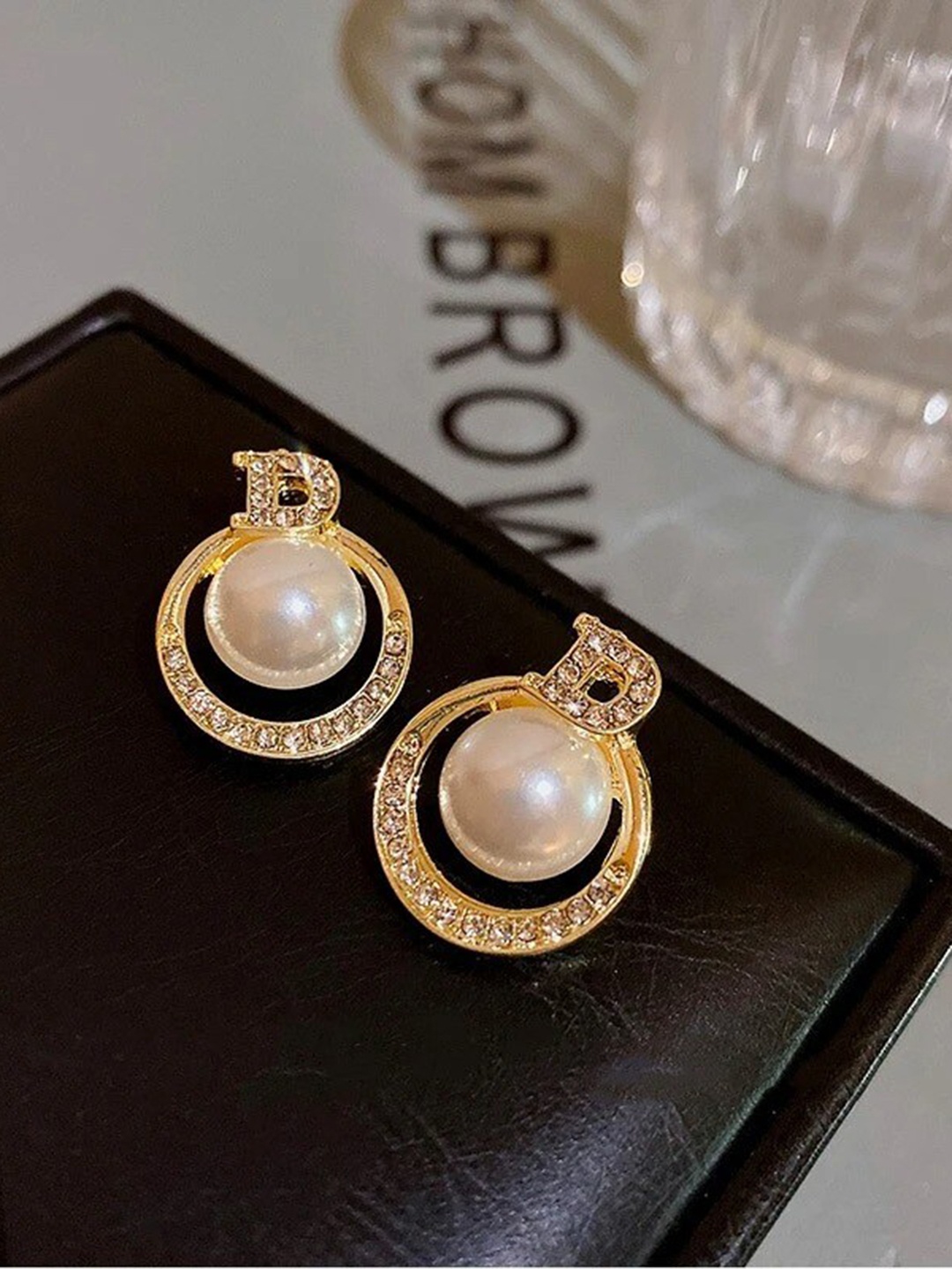 

VIEN Gold Plated Letter D Stone Studded & Beaded Geometric Stud Earrings