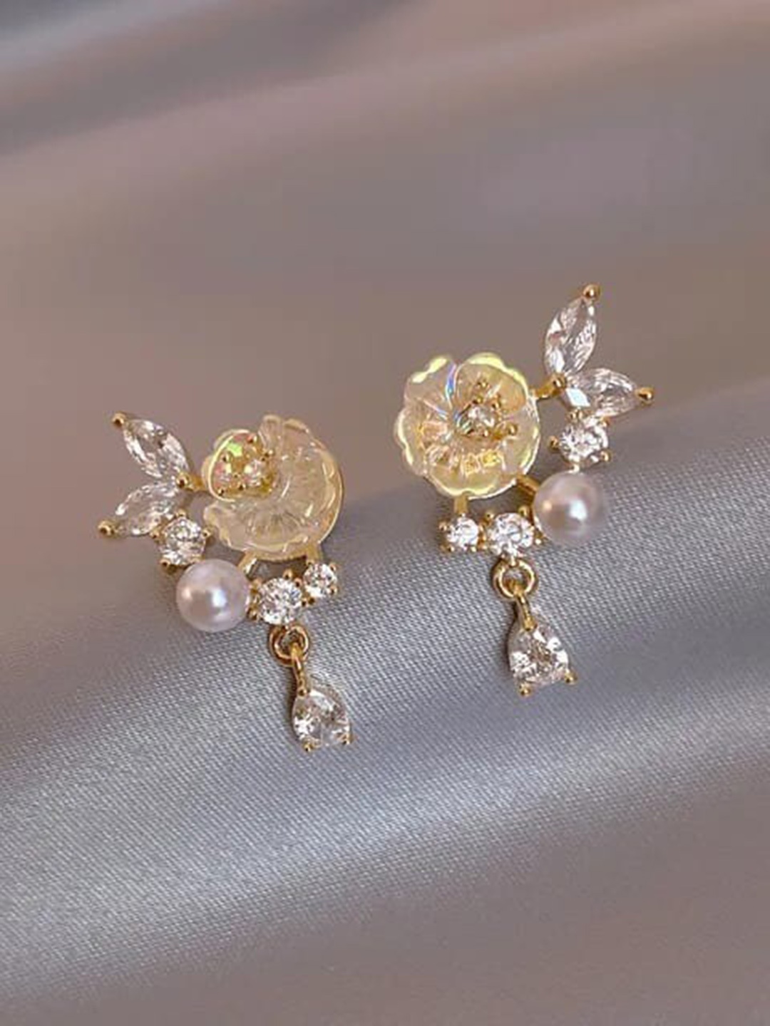 

VIEN Gold Plated Cubic Zirconia Studded & Beaded Floral Drop Earrings