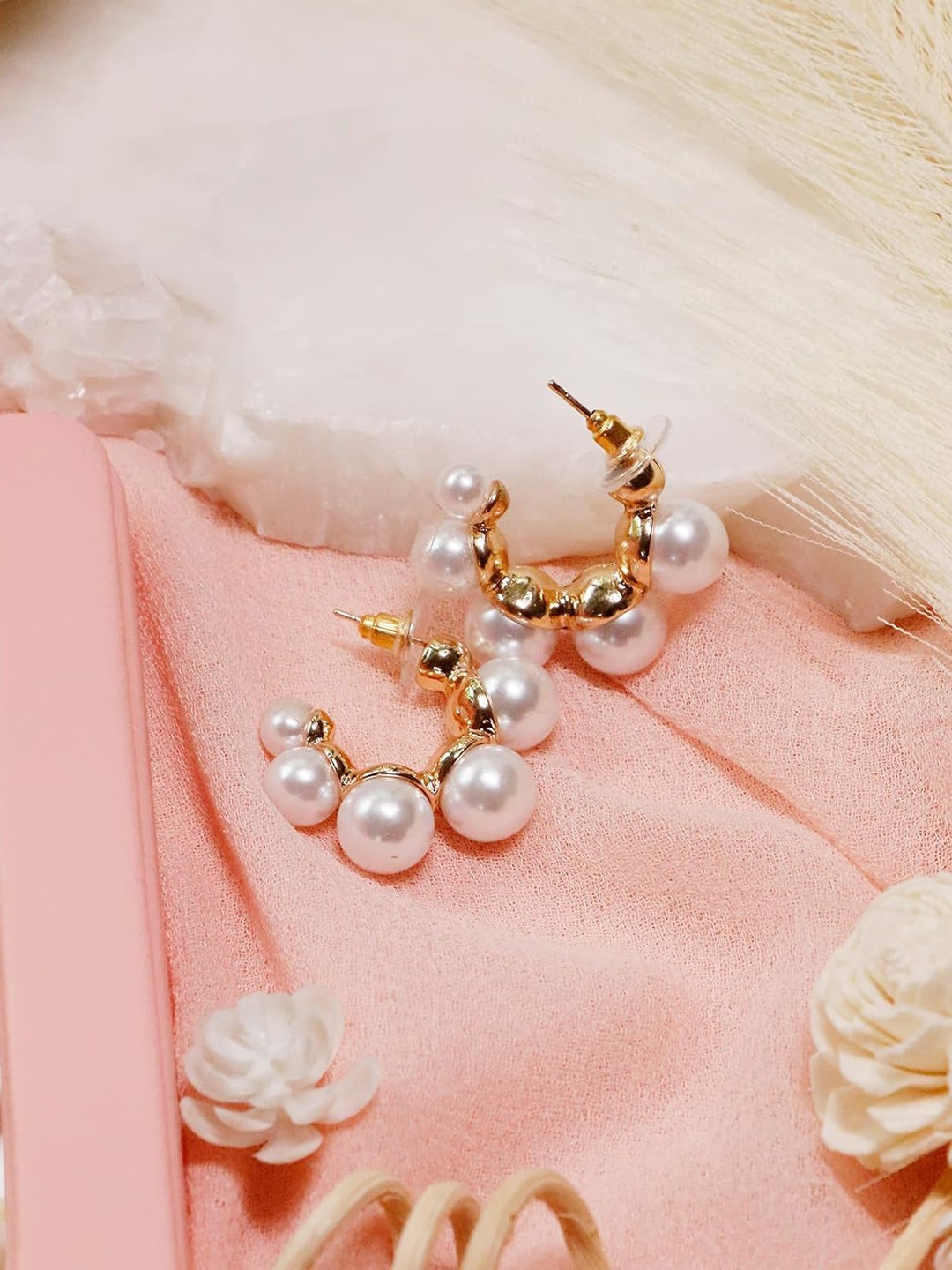 

VIEN Gold Plated Golden Stud Stone Pearl Hoop Earrings